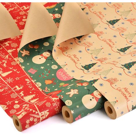 3 Rouleaux Kraft Papier Cadeau Noël, 43cm×10m Recyclable Papier Emballage Noël avec Motifs Fins pour Emballage Cadeau (Q: Bonhomme de Neige/Arbre de Noel) (1/5)