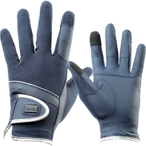 XS, Bianco: Guanti da equitazione in materiale tecnico con dorso in rete e profilo argento