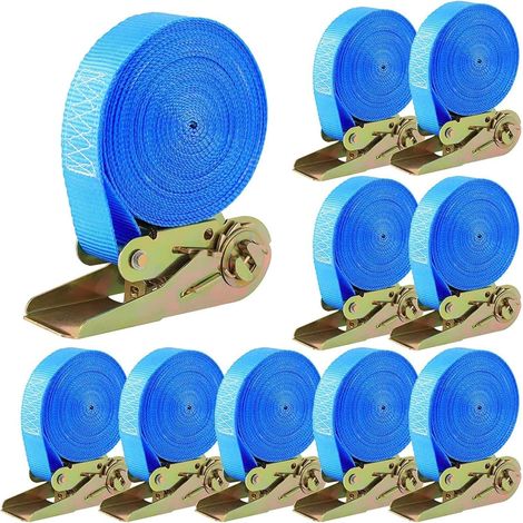 10 Pezzi 400 Kg Cinghia a Cricchetto, Cinghia di Ancoraggio con Tenditore, Cinghia di Fissaggio in Poliestere, 6m x 25mm, per Moto, Carico, Rimorchio, Camion, Bagagli (Blu) MINKUROW (1/5)