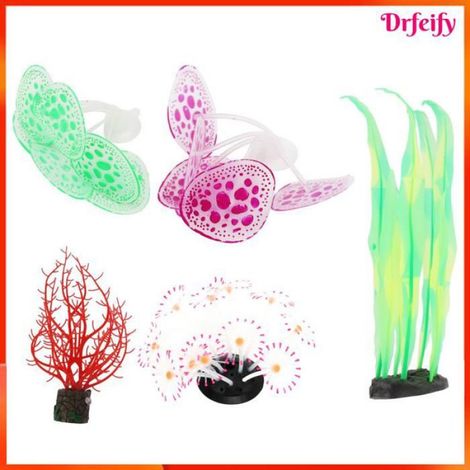 Ornements de plantes d'aquarium - - Set corail multicolore - Brille sous LED - Silicone doux - Pour eau douce et salée (1/5)
