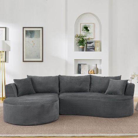 Canapé 3 places chaise longue - KOMHTOM - Chaise longue gauche - Velours côtelé gris - Porte-gobelets - Coussins inclus (1/5)