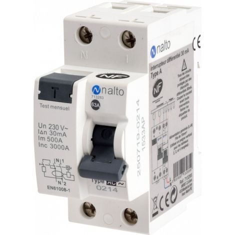 Interrupteur différentiel 63A 30mA type A – Connexion à vis – 1P+N – IP20 – Protection circuits électriques classiques – Nalto