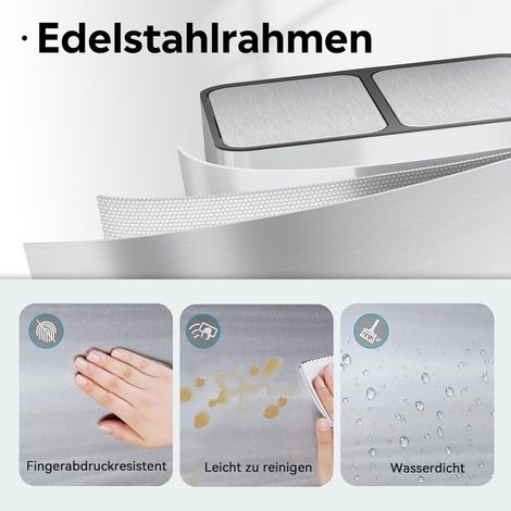 30 Liter Küchenmülleimer, unterteilt in zwei 15L Kammern, fußbedienter Edelstahl-Abfallbehälter, geruchsneutral und raumsparend für Küche, Bad sowie Büro (1/5)