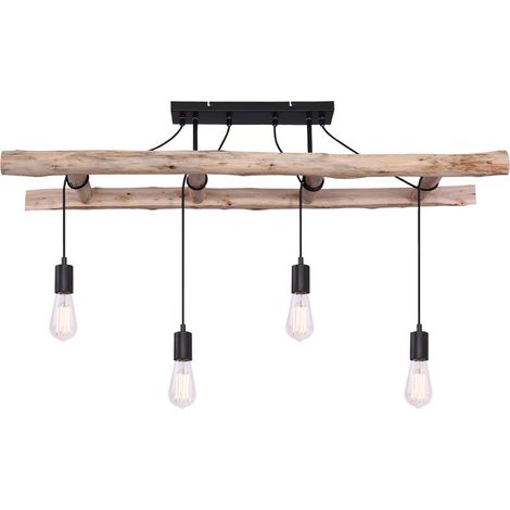 Etc-Shop – Lampe suspension en bois vintage 4 flammes – Échelle en bois noir et naturel – 4x douilles E27 – H80xL115xP30cm – IP20 (1/5)