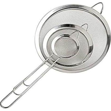 Colador de malla fina con mango - 3 piezas (7/12/18 cm) para escurrir fideos/arroz/verduras/claras de huevo, utensilios de cocina (1/4)