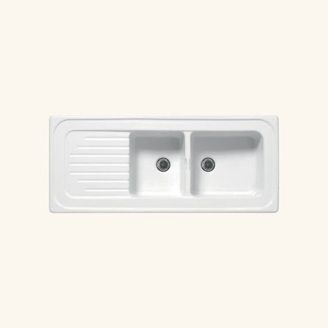 Évier céramique blanc à encastrer 116x50 cm – 2 bacs réversibles – Vidage manuel – Bonde et siphon inclus – EWI (1/3)