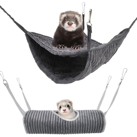 Hamac et Tunnel pour Rongeurs - Lot de 2 - Peluche Douce - Suspension Cage - Furet Hamster Cochon d'Inde - Gris (1/5)
