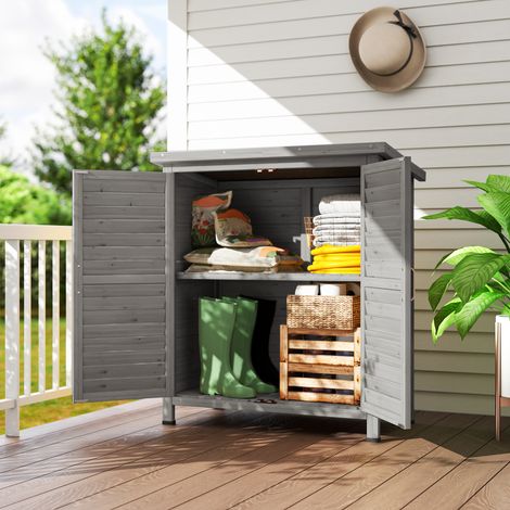 Outsunny Gartenhaus aus Holz mit 2 Einlegeböden, 2 Türen und Schrägdach für Terrasse und Garten, 87 x 46,5 x 96,5 cm, Grau