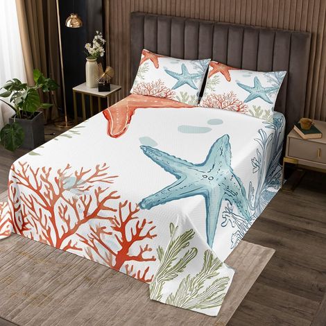 Couvre-Lit 240x220 Coral D'Étoiles de Mer, Dessus de Lit Thème de L'Océan, Couverture de Lit Peinture À l'huile Vie Marine, Jetés de Lit Monde sous-Marin avec 2 Taies d'oreiller 51x75cm (1/4)
