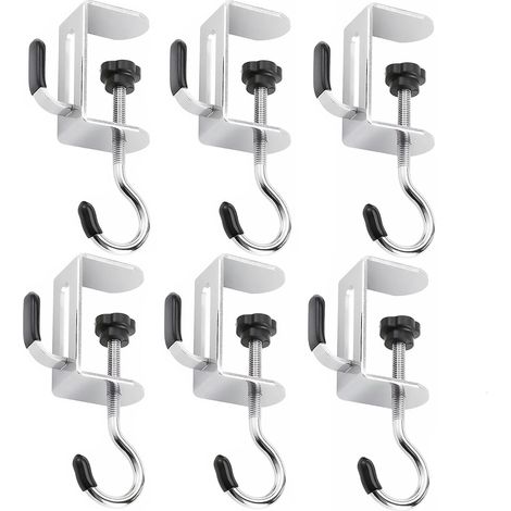 Set di 6 supporti regolabili in acciaio inossidabile con clip per scrivania, ideali per uffici, case, dormitori, tavoli da pranzo, borse portatili, zaini e per riporre le cuffie. (1/5)