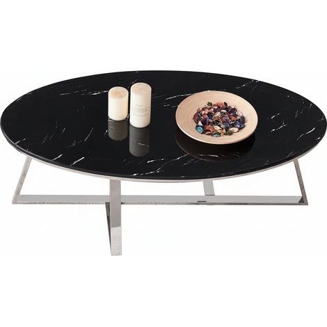 Table Basse Ovale GAMMA Plateau Granite Effet Marbre Noir Pieds Chrome 120x60x45cm (1/5)