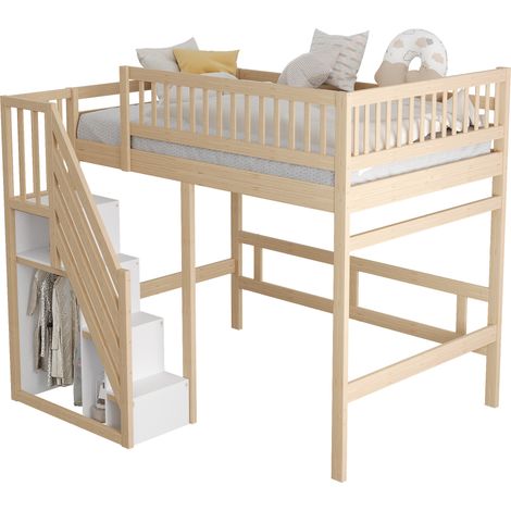 Letto a Soppalco Letto Matrimoniale con Scala Contenitore e Sponda Alta 140×200 cm, Senza Materasso, Legno Naturale
