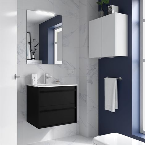Ensemble complet ATTILA 700 2 tiroirs BLACK SATIN + meuble-lavabo + miroir + éclairage (1/2)