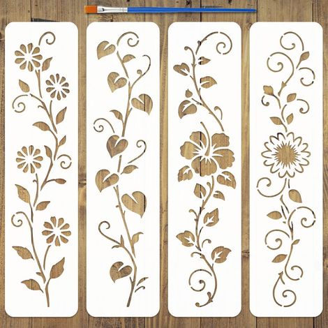 4 Pcs Pochoir de Bordure de Plantes avec Pinceau 7,5x30cm Gabarit de Dessin de Fleurs et Feuilles Rectangulaire Pochoir de Vigne Florale Évidé Gabarit de Thème de Bordure pour Décoration (1/5)
