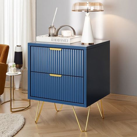 Comò 2 cassetti blu scuro L40 x P35 x H50 cm — maniglie e piedi dorati, stile scandinavo (1/5)