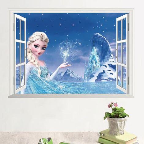 Sticker mural 3D Reine des Neiges Elsa, fausse fenêtre, décoration murale pour chambre d'enfant (1/4)