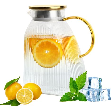 1500 ml Wasserkrug aus Glas mit vertikalem Rippenmuster, goldenem Griff und Deckel, hitzebeständiger Krug für Wasser, Tee und Limonade (1/5)