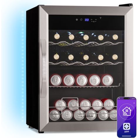 Klarstein Coachella 65 Getränkekühlschrank - 60 L WLAN-fähig, LED-Beleuchtung, Edelstahl, Flüsterleise, 3-18 °C, Herausnehmbare Böden, Getränkekühlschrank Mit Glastür (1/5)