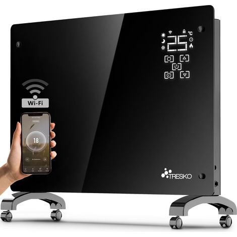 TRESKO® Elektroheizung Schwarz 2000W inkl. WiFi & APP Glaskonvektor Konvektor Wand Heizung Glas Heizkörper Bad