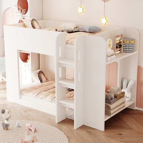 Cama litera infantil 90x200 cm con barrera de seguridad escalera y estantes espacio inferior modulable somier de láminas incluido de madera mdf moderno - blanco (1/5)