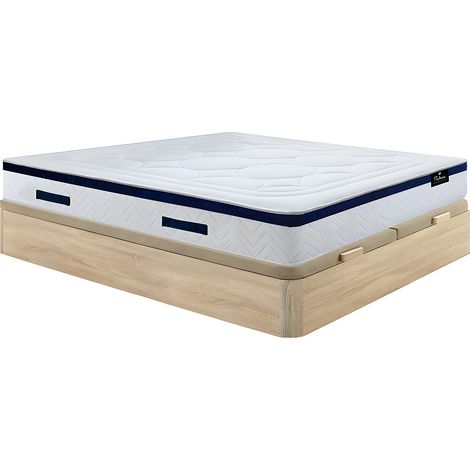 Ensemble 180 x 200 cm sommier coffre naturel clair + matelas hybride ressorts ensachés ép.30cm - MARQUIS de PALACIO