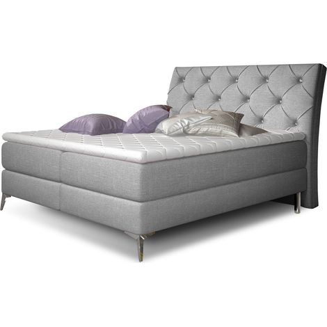 Lit design continental avec tête de lit capitonnée strass tissu gris clair Banky-160x200 (1/5)