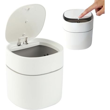 Poubelle de table avec couvercle - 2 litres - Petite poubelle portable - Poubelle de table - Gain de place - Mini poubelle idéale pour bureau, coiffeuse, table de chevet, etc. - Blanche (1/3)