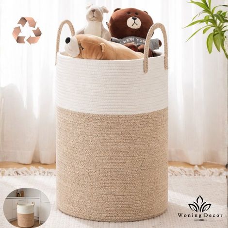 Panier à linge XXL 100 L – En coton beige/blanc – Trieuse de linge – Rangement pratique