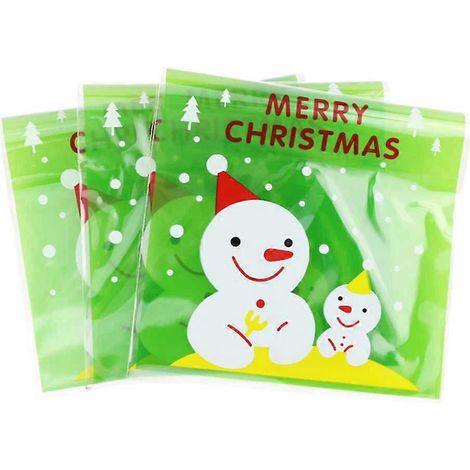 200 Stück/Packung Weihnachtstüten, selbstklebende Aufbewahrungstüten für Kekse und Süßigkeiten, für Partys, Zuhause und Geschäfte (Blau, gepunkteter Doppelschneemann, 10 x 10 cm)-200pcs-Green (1/3)