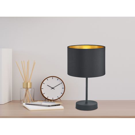 Edle LED Tischleuchte mit Lampenschirm aus Stoff in Schwarz & Gold, Höhe 33cm (1/5)