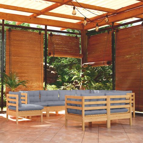 Salon de jardin 9 pcs avec coussins gris Bois de pin solide 5 (1/5)