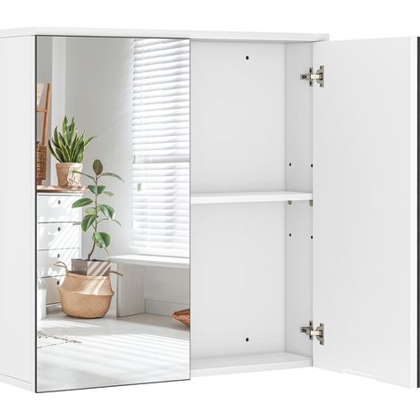 Yaheetech Armoir Murale Salle de Bain, Placard de Rangement Toilettes, avec 2 Portes 2 Miroirs, 2 Niveaux, Étagère Hauteur Réglable 63 x 15 x 60 cm Armoir à Pharmacie, Blanc