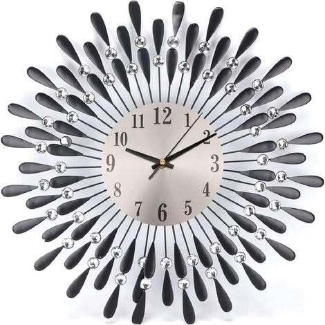 Youyijia 38cm Diamond Jeweled Sunflower Wall Clock - Silent Non-ticking Modern Metal Numeral Decorative Clock for Living Room & Bedroom (Black) (1/5)