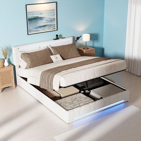 "Doppelbett 140x200 cm für Erwachsene mit hydraulischem Mechanismus und RGB-LED - Verstellbares Kopfteil aus Betonstoff, Tragfähigkeit 350 kg, modern"
