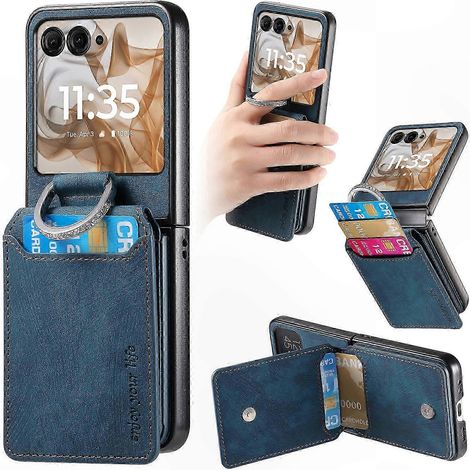 Étui rétro en cuir texturé bleu avec porte-cartes et béquille, coque arrière compatible Razr 60, 50 et 5G, protection robuste et élégante. (1/5)