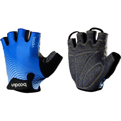 Gants de fitness demi-doigts bleu taille S, protection anti-callosités avec imprimé silicone antidérapant, adaptés pour barre horizontale et activités outdoor (1/5)