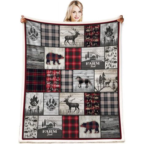Couverture Jetable - Motif Loup Ours Cerf - Microfibre - Décor Rustique Cabane Bois - Pour Canapé Lit Salon - 150 x 200 cm (1/5)