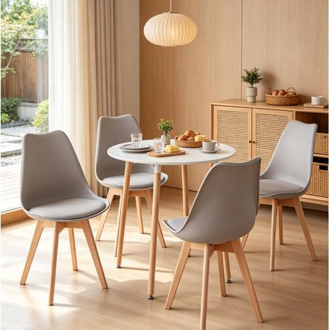 Tavolo rotondo 80x80 cm con 4 sedie in legno e plastica grigio/bianco moderno FloraGrace (1/5)
