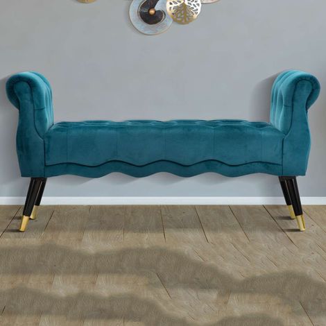 Panca Humahu, con reposabrazos y detalles dorados, estructura de tejido, asiento azul, 120x40x60h cm, Azul Ottanio (1/5)