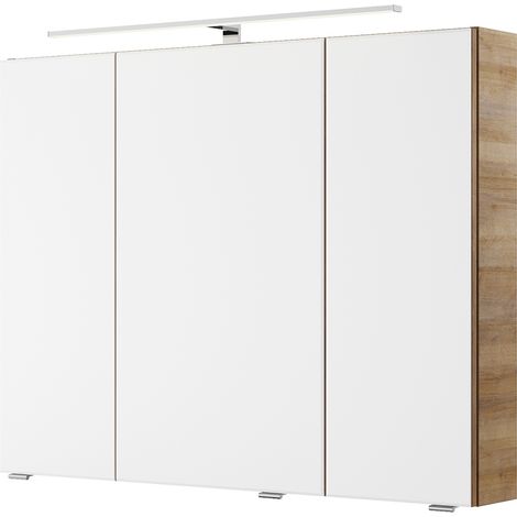 Bad Spiegelschrank mit 3D Funktion und LED Aufsatzleuchte in Riviera Eiche Nb. VILLATORO-66, B/H/T ca. 90/70,3/14,5 cm (1/4)