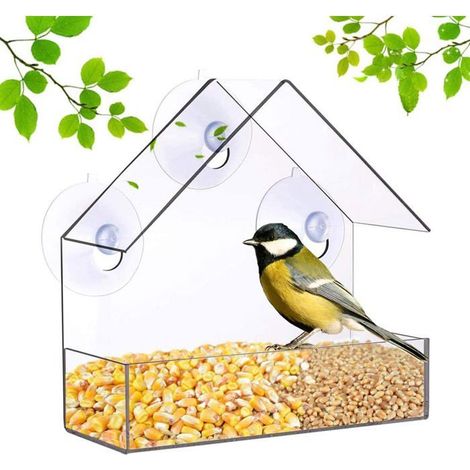 Mangeoire à oiseaux avec ventouses puissantes, en plastique transparent, pour le jardin et l'extérieur (1/5)