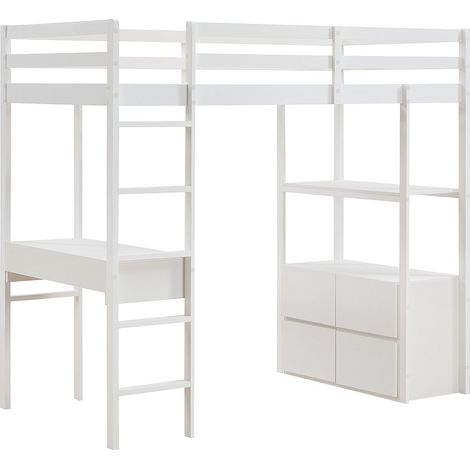 Letto a soppalco 90 x 190 cm con scrivania e vani contenitore Pino e MDF Bianco - KALIZI