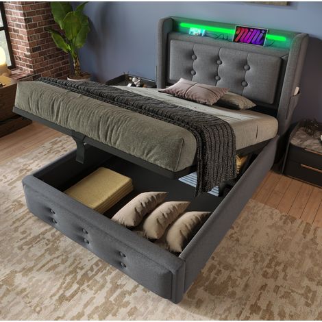 Cama tapizada 90/200 cm gris de algodón y lino con LED, USB-C y arcón abatible (1/5)