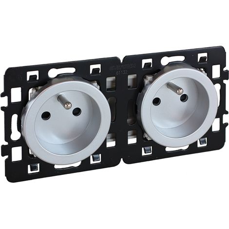 Double prise 2P+T monobloc précablées NF - SQUARE Silver - Eur'Ohm