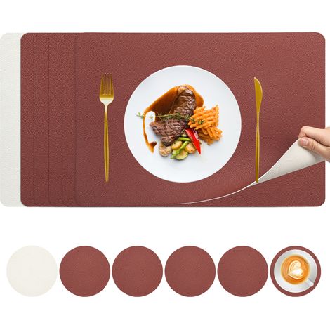 Set de Table Lavable, Set de Table Cuir Double Face avec des sous-Verres, Sets de Table Plastique, Set Table Napperon Rectangulaire (Bourgogne + Abricot, Lot de 6)