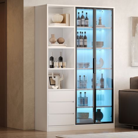 Vetrina 100/35/160 cm bianca con LED, ante in vetro e 3 cassetti (1/5)