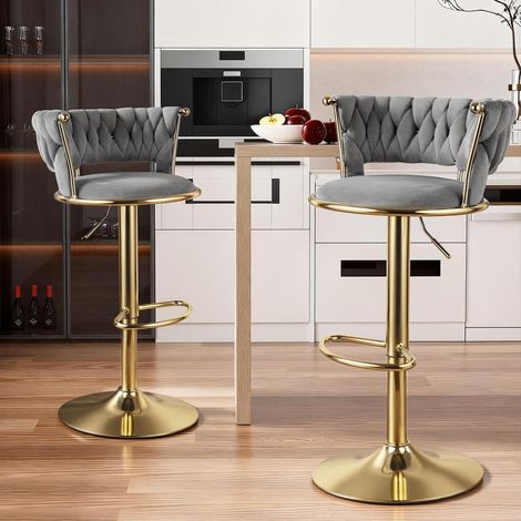 Barhocker 2er Set, höhenverstellbar, 360° drehbar, Samt, Gold/Dunkelgrau (1/5)