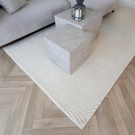 Tapis en laine blanc crème tufté main à motifs contemporains 200x300 cm FEZ (1/3)