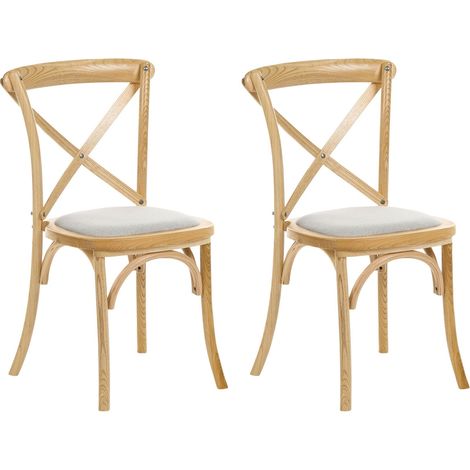 Set of 2 Dining Chairs Light Brown and Beige Wooden Frame Upholstered Seat Crossback X-back Rustic Style LYONS (1/5)