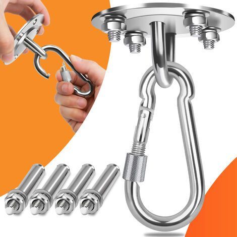 Gancho de techo, gancho giratorio de acero inoxidable, capacidad de hasta 500 kg, gancho en forma de U para hamaca y silla. (1/4)